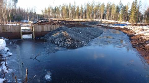 Vesi ohjataan aiemmin rakenntulla pääpadolla uuteeen uomaan (kuvassa oikealla)